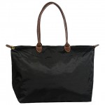 Nylon Large Shopping Tote w/ Leather Like Handles - Black
